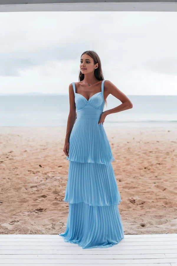 Blue simple fashion elegant V-neck layered chiffon charming long backless ball gown evening dress party dress gh3481