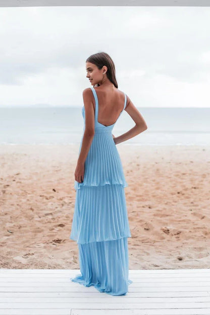 Blue simple fashion elegant V-neck layered chiffon charming long backless ball gown evening dress party dress gh3481