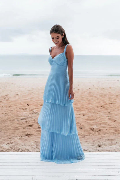 Blue simple fashion elegant V-neck layered chiffon charming long backless ball gown evening dress party dress gh3481