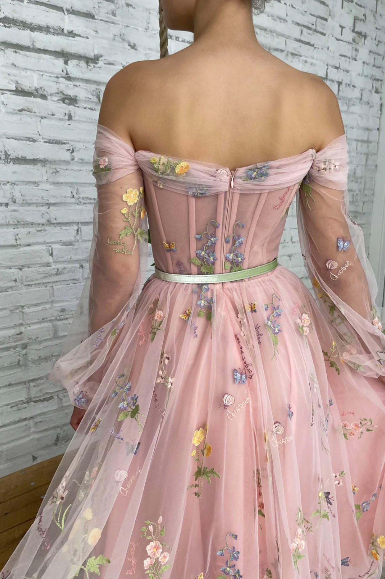 Pink Tulle Lace Short Prom Dress, Long Sleeve Evening Graduation Dress