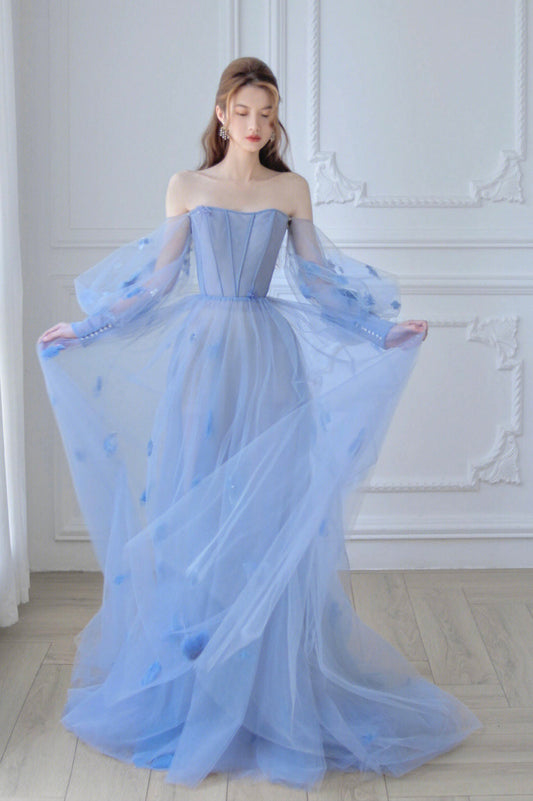 Blue Tulle Long Sleeve Prom Dress, Off the Shoulder Evening Graduation Dress
