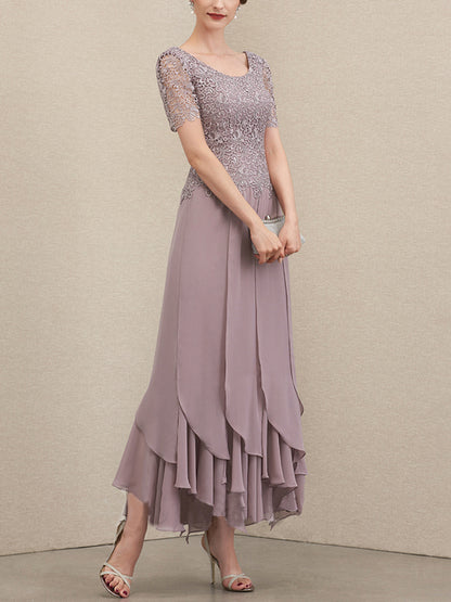 A-Line Scoop Neck Ankle Chiffon Lace Bridal Mom Gown with Layered Ruffles