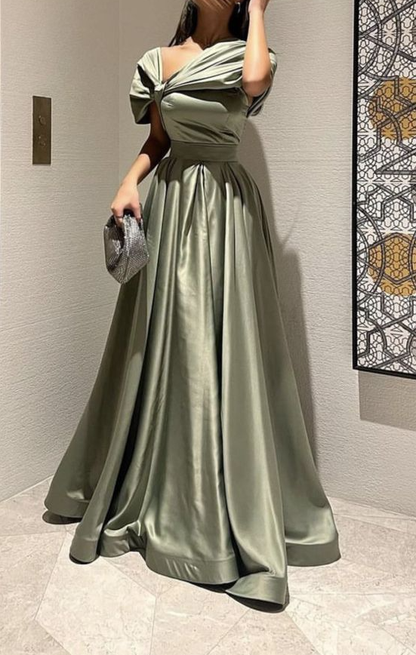 A Line Off Shoulder Sage Green Prom Dress Evening Formal Party Gowns   fg7447