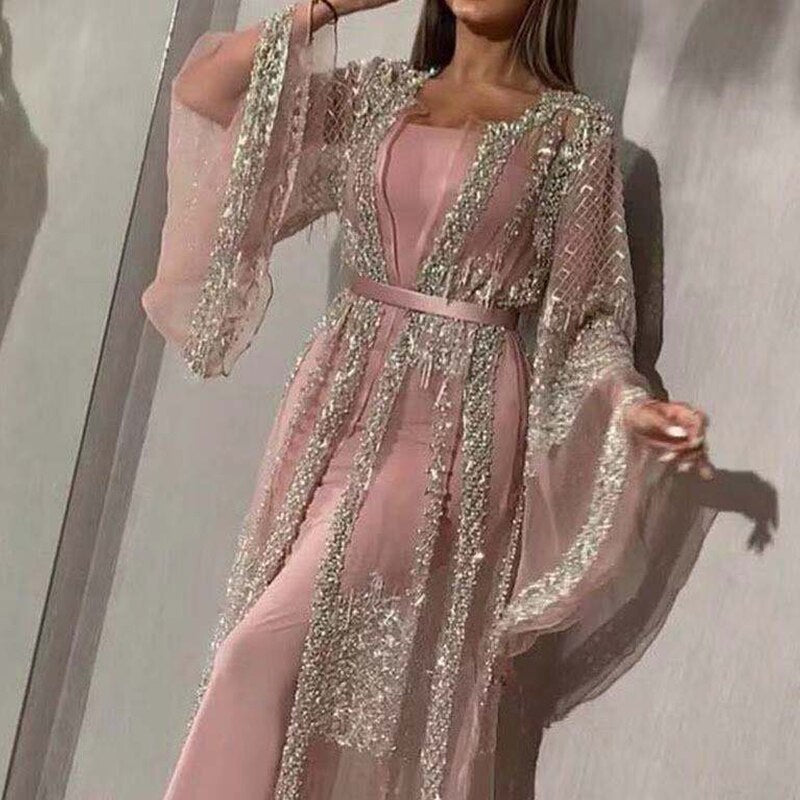 loveedsTM-Fashion Sequins Mesh Mopping Maxi Dress French Vintage Belt Women Club Dress Elegant O Neck Flare Sleeve Lace Evening Dress