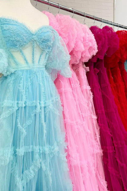 Off The Shoulder Pink Tulle Puffy A-Line Evening Prom Dress