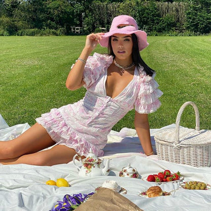 loveedsTM-Summer and Autumn Women Short Sleeve Ruffle Pink V-neck Sexy Mini Dress