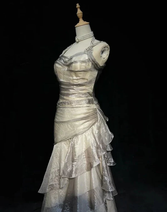 champagne Vintage Elegant Long Lace Ruffle prom dress Evening Dress gh3815