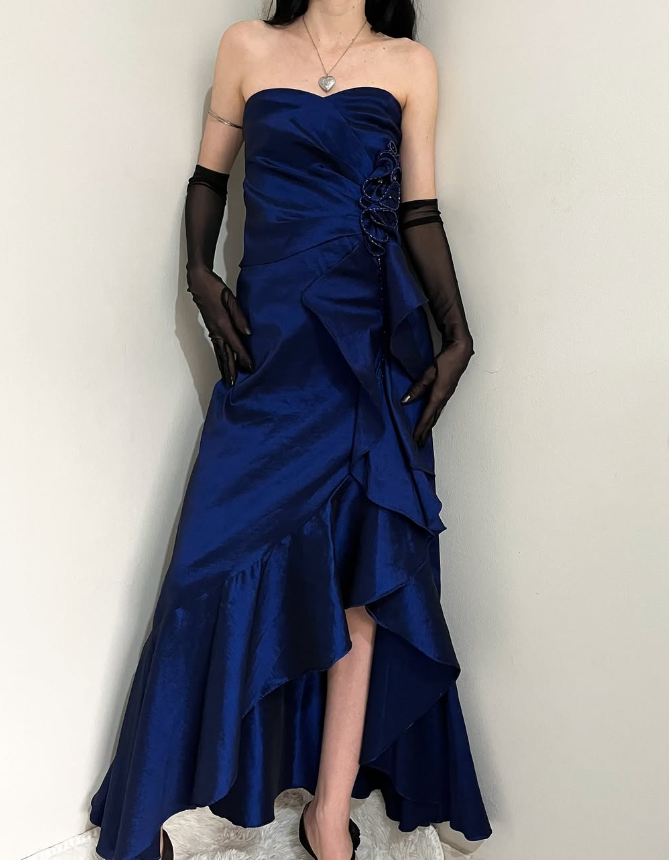 Vintage A Line Sweetheart Neck Ruffle Navy Blue Satin Prom Dress Graduation Prom Dress SH2590