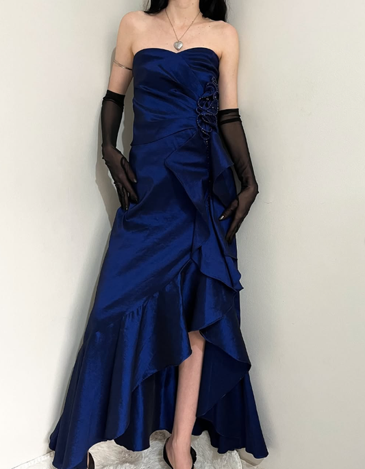Vintage A Line Sweetheart Neck Ruffle Navy Blue Satin Prom Dress Graduation Prom Dress SH2590