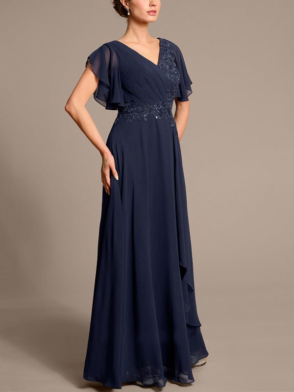 V-neck Lace Chiffon Solid Color Maxi Dress