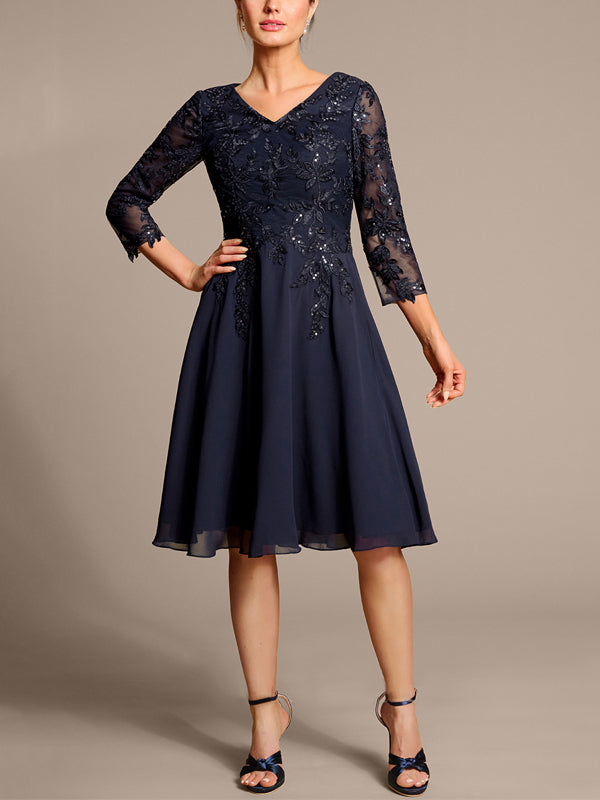 V-neck Lace Solid Color Midi Dress