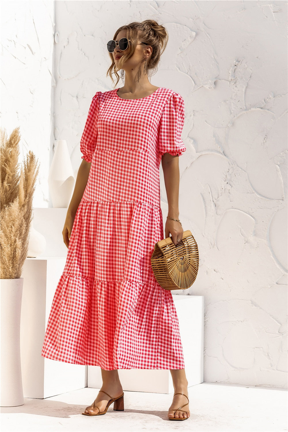 loveedsTM-Summer Polka Dot Plaid Print Robe Maxi Dress Women Elegant Puff Sleeve Casual Patchwork Loose Holiday Party Long Vestidos