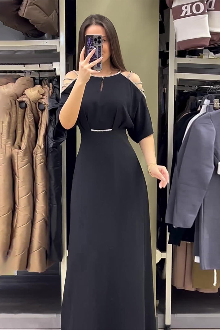 loveedsTM-Round Neck Short Sleeve Diamond Off Shoulder Dress