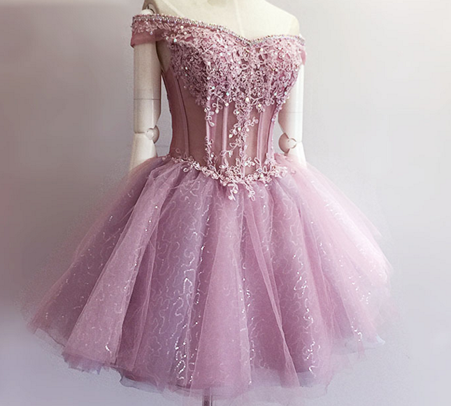 Pink tulle lace short prom dress, pink evening dress  8006