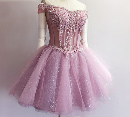 Pink tulle lace short prom dress, pink evening dress  8006