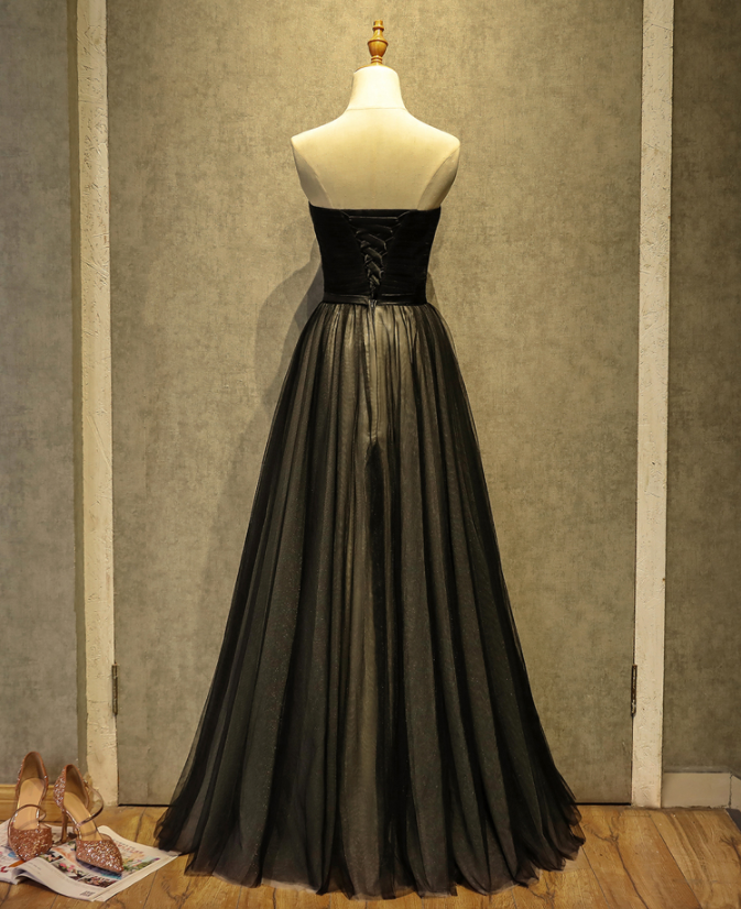 Black sweetheart neck tulle long prom dress, black evening dress  7926
