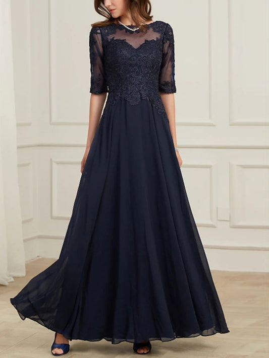 Round Neck Lace Solid Color Maxi Dress