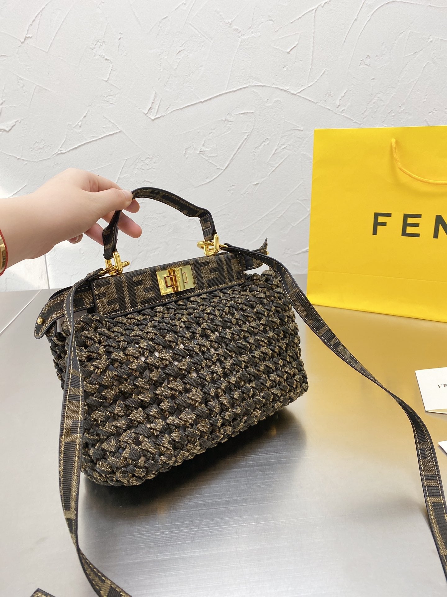 Fendi Peekaboo Iconic Mini Jacquard Fabric Interlace Bag