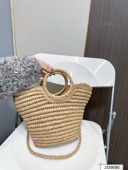 YSL SAINT LAURENT Raffia Woven Tote Bag For Summer Vacation Beach 30x20cm