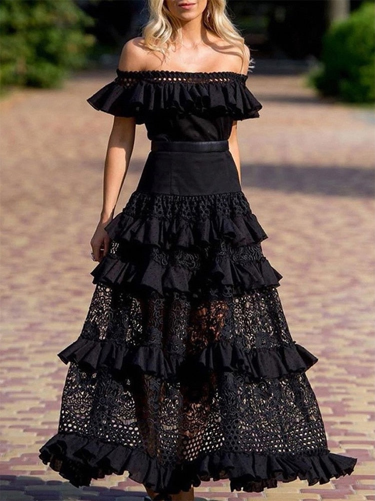 loveedsTM- Elegant One-Shoulder Solid Ruffle Long Evening Dress Summer Fashion Sleeveless Swing Dress Classic Lace Hollow Party Sexy Dress