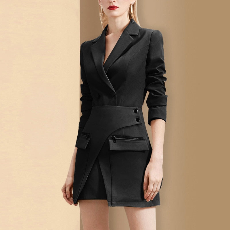 loveedsTM-Casual Khaki Two Piece Set Notched Long Sleeve Blazer High Waist Irregular Mini Skirt