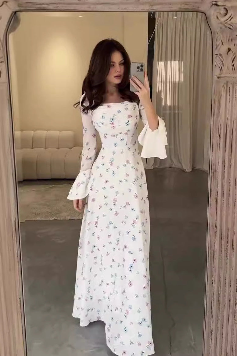 loveedsTM-U-neck printed long-sleeved trumpet sleeves fashionable slim fit women's dress