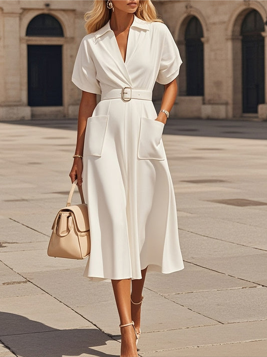 White Pocket Stitching Shirt Dress Shirt Collar Short Sleeve A-Line Midi Dress