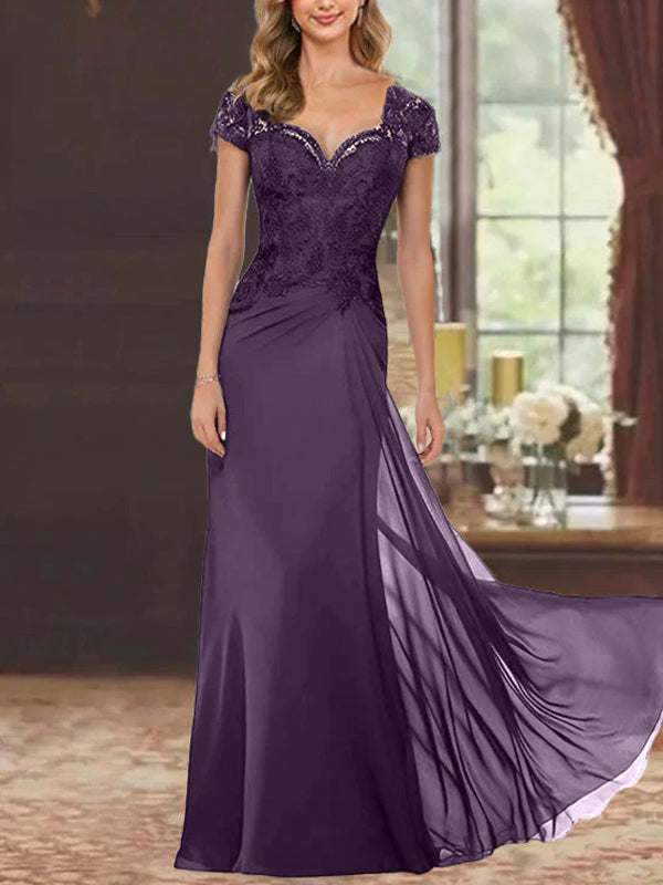 Sheath/Column Sweetheart Short Sleeves Floor-Length Mother of the Bride Dresses with Appliques Lace