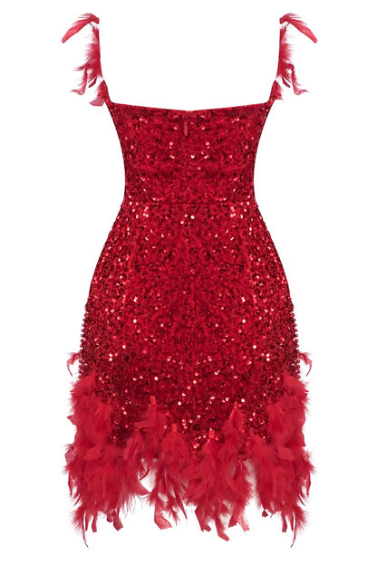 loveedsTM-Red feather short heavy-duty tube top dress-vx