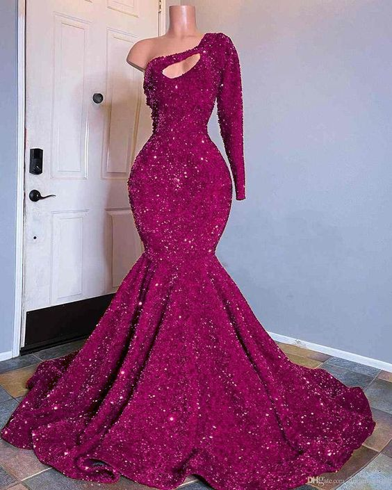 Red Sequined Mermaid Prom Dresses One Shoulder Long Sleeve Sequined Keyhole Prom Gowns   cg15792