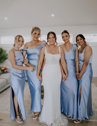 Gentle Sheath Strap Blue Satin Evening Dress Bridesmaid Dress with Slit SH2698