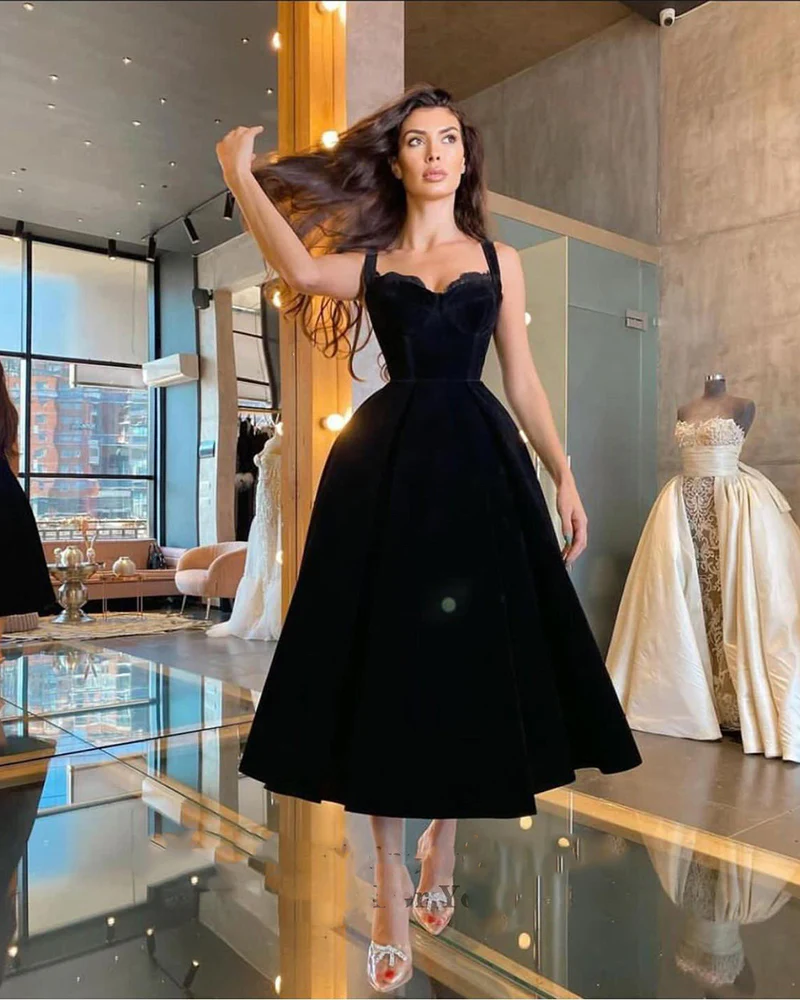 Black sweetheart velvet prom dress tea length black evening dress   cg15353