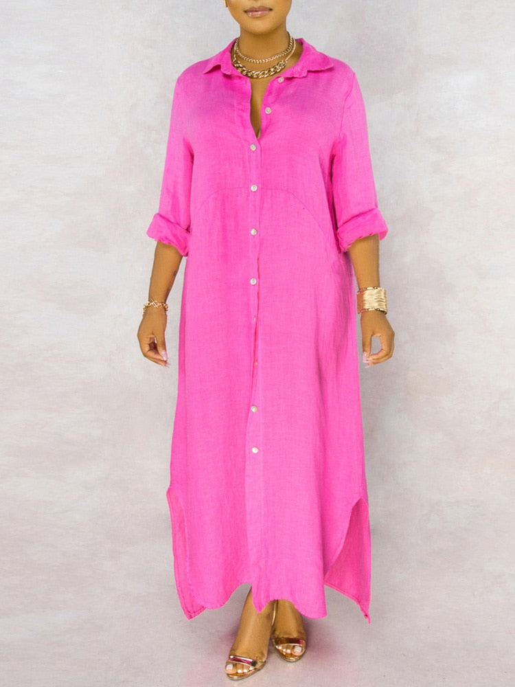 loveedsTM-Solid Button Maxi Shirt Dress
