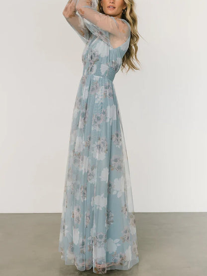 Tulle Temperament Printed Holiday Maxi Dress