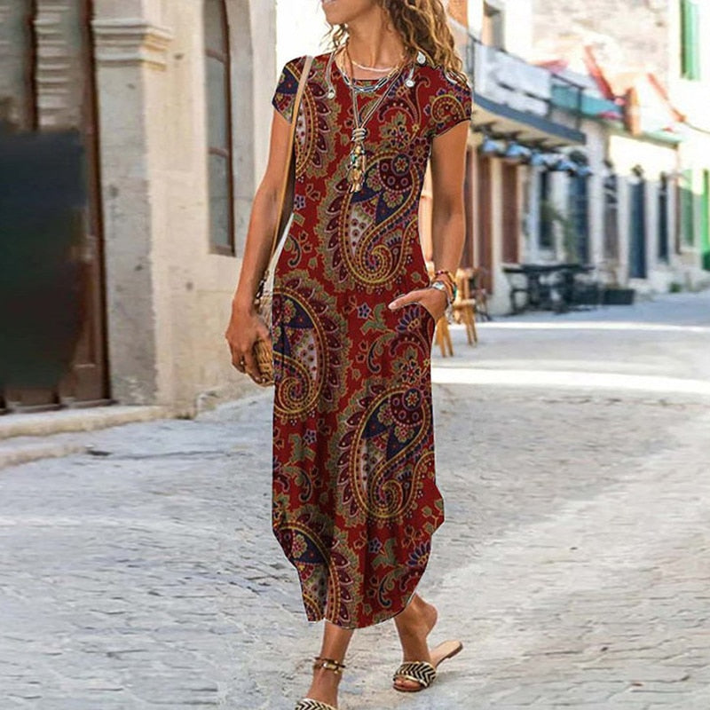 loveedsTM - Elegant Women Maxi Dress 2024 Summer O Neck Short Sleeve Sundress Office Lady Party Dress Female Print A-Line Long Dress Vestido