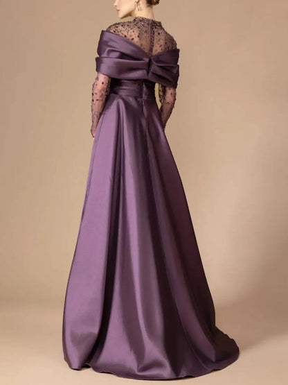 Round Neck Lace Long Sleeve Solid Color Maxi Dress