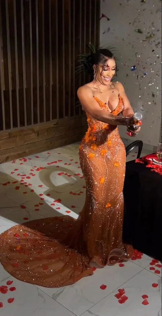 Orange Luxury Shiny Beaded V Neck Sexy Elegant Mermaid Slim Fit Long Floor Length Train Ball Gown Evening Gown Party Dress Prom Dress gh3660