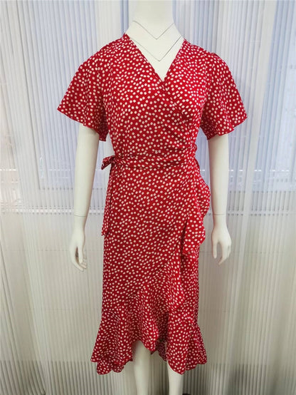 loveedsTM-Red Dot Print Boho Long Chiffon Summer Beach Elegant Midi Women's Dress Floral V-Neck Folds Ruffles Wrap Dresses Split Vestidos