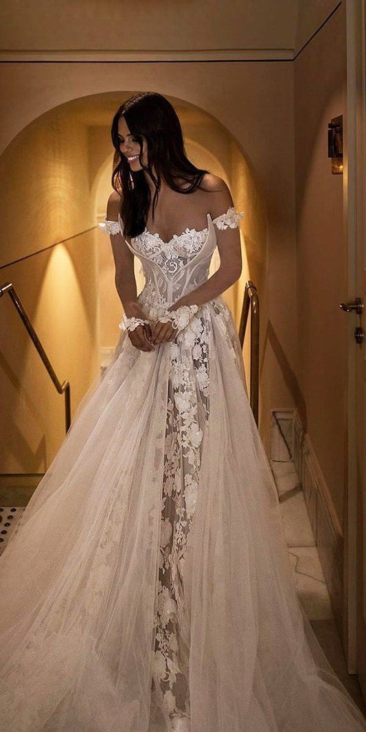Elegant A Line Off the Shoulder Appliques White Tulle Wedding Dress SH3325