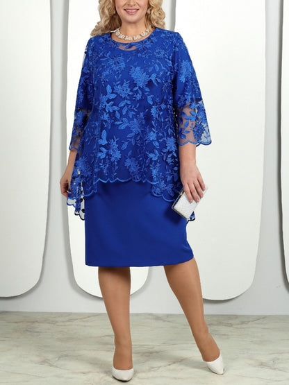 Round Neck Lace Solid Color Midi Dress