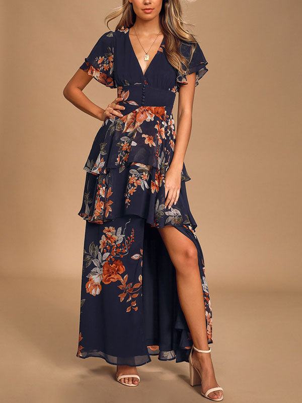 Navy Blue Floral Print Tiered Maxi Dress