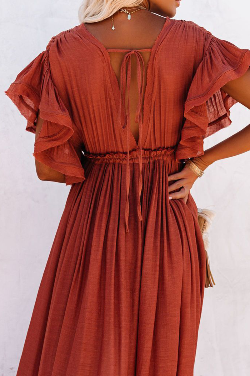 loveedsTM-Elegant Solid Frenulum Buckle V Neck A Line Dresses