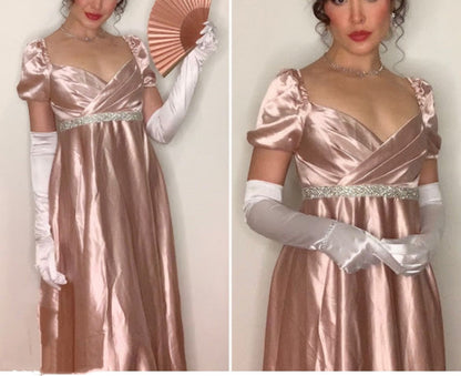 Pink vintage long satin formal high waist empire dress Prom dress evening dress party dress gh4900