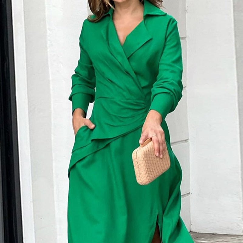 loveedsTM- Women Maxi Dress Fashion Elegant Long Sleeve Lapel V Neck Pleated Solid Single Slit With Pockets Beach Party Dresses