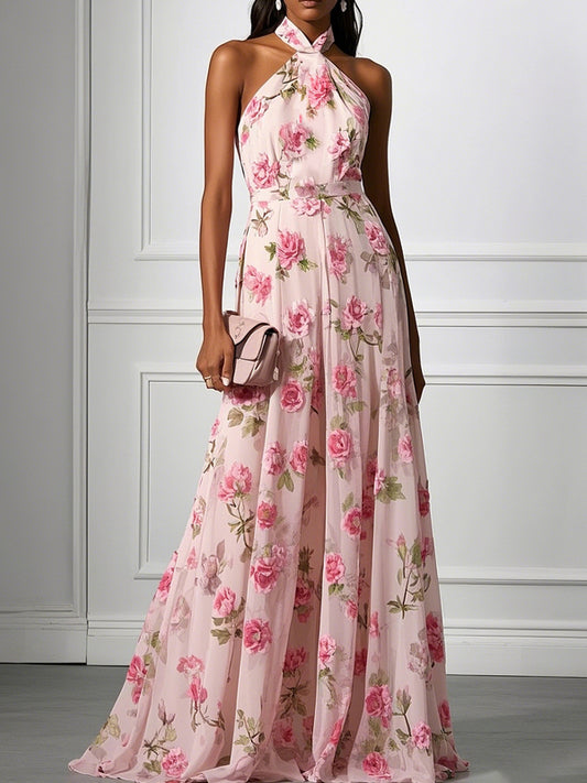 Classic Floral Halter Short Sleeve A-Line Maxi Dress