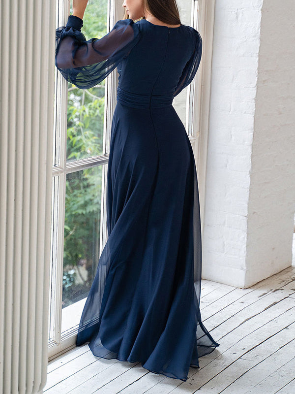 V-neck Solid Color Chiffon Maxi Dress