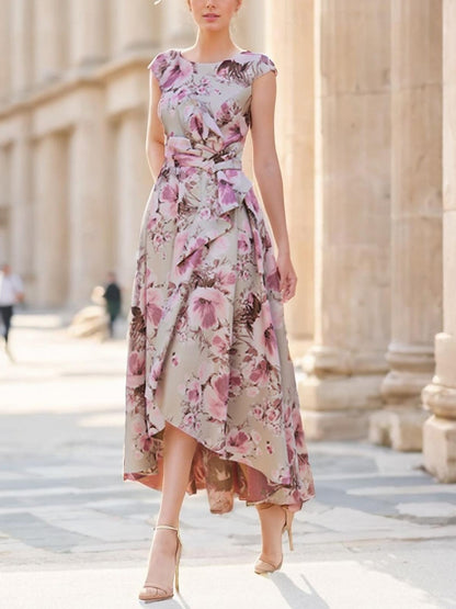 Crew Neck Short Sleeve Printed Midi Dress