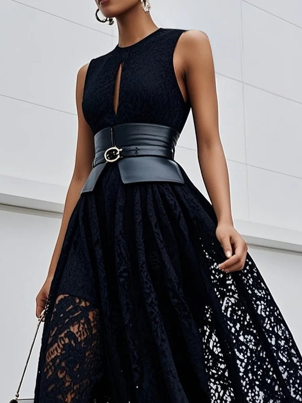 Lace Hollow Out Crew Neck Sleeveless A-Line Maxi Dress
