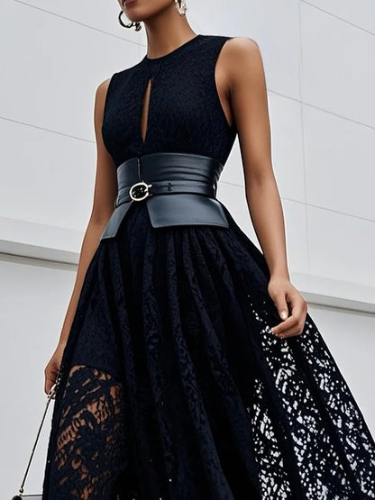 Lace Hollow Out Crew Neck Sleeveless A-Line Maxi Dress