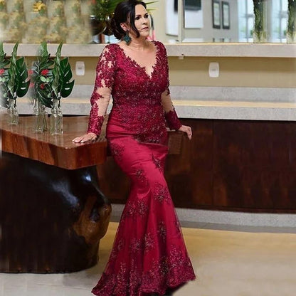 loveedsTM-2024 New Arrival Red Lace Mother of the Bride Dresses Long Sleeves Illusion Jewel Neck Mermaid Wedding Party Gowns Appliqued
